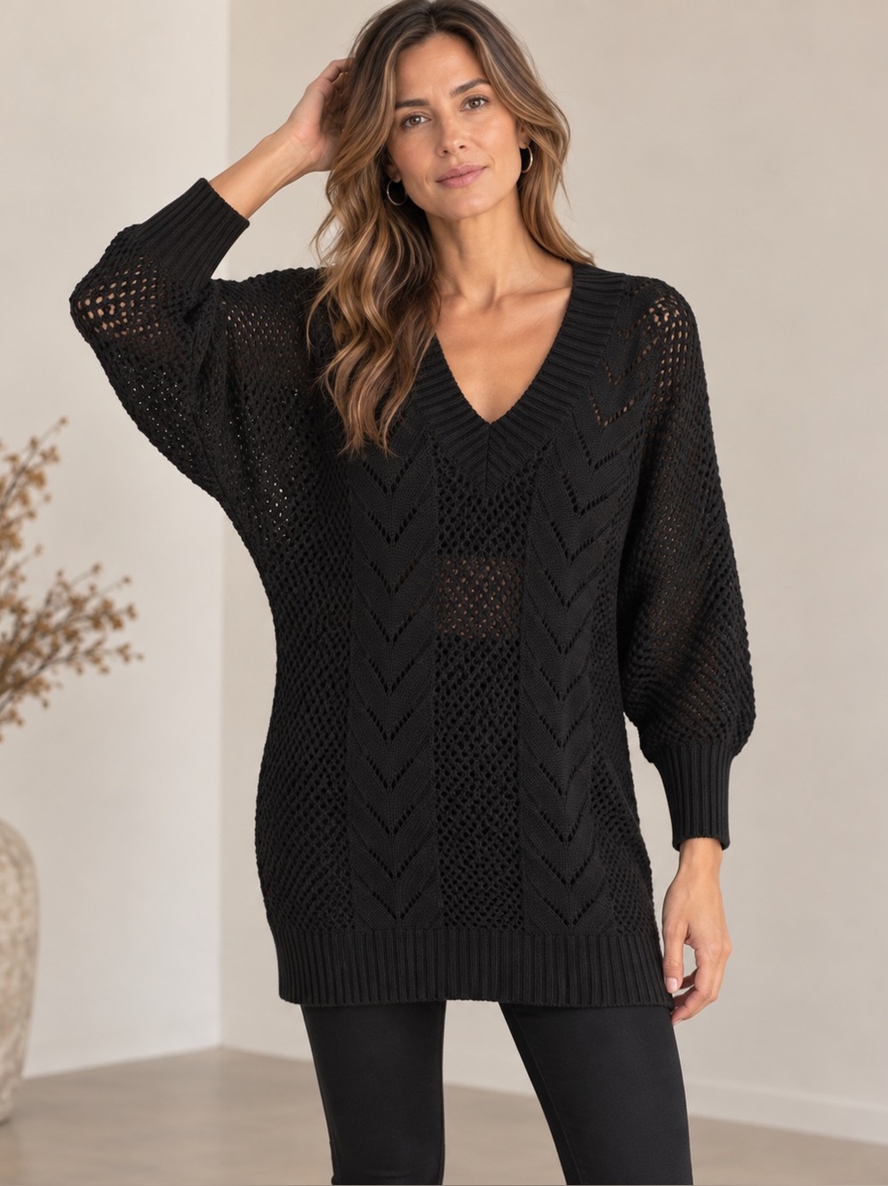 Black Open Knit V-Neck Dolman Sleeve Tunic Sweater